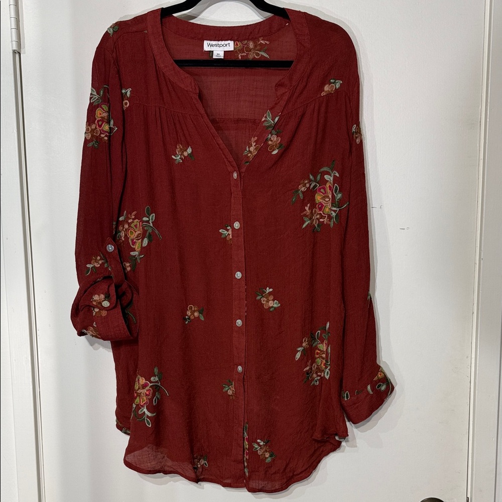 Newport Women's Rusty Burgundy Embroidered Lightweight Floral Blouse Size 2X